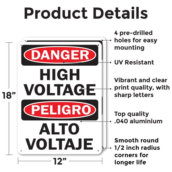 Signmission High Voltage Bilingual Danger Sign, Aluminum, 12in W x 18in L, 2PK - OS-2PACK-DS-A-1218-L-19389