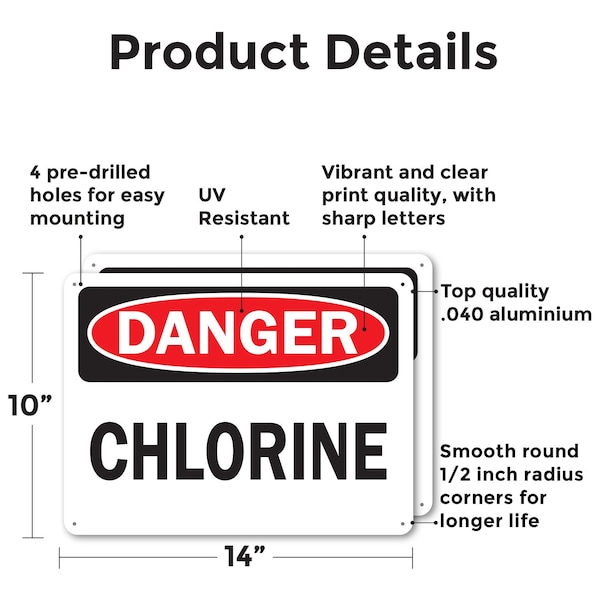 Signmission Chlorine Danger Sign, Aluminum, 14in W x 10in L, 2PK - OS-2PACK-DS-A-1014-L-19278