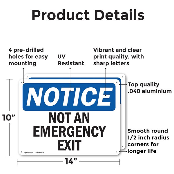 Signmission Exit Sign, Aluminum, 14 in W, 10 in H, Not An Emergency Exit - OS-2PACK-NS-A-1014-L-15136