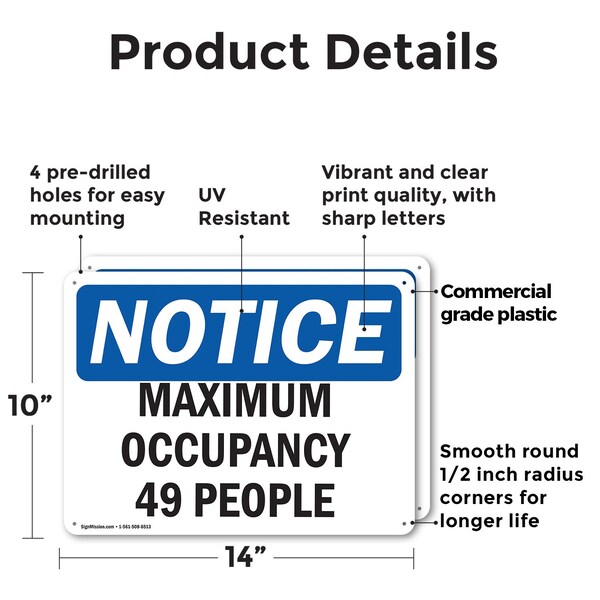 Signmission Maximum Occupancy 49 People, 14 in W x Rectangle, Plastic - OS-2PACK-NS-P-1014-L-15946