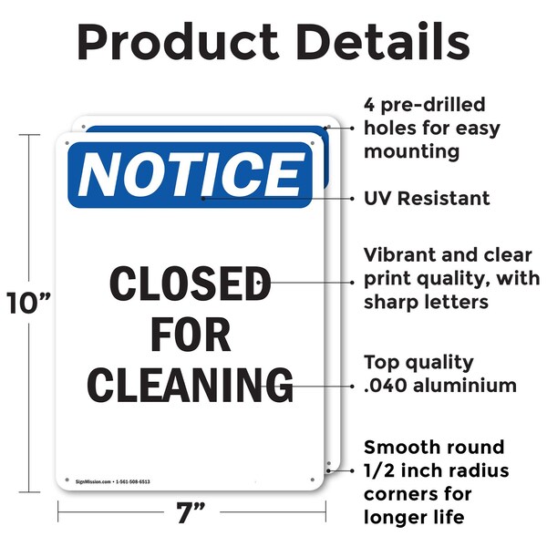 Signmission Closed For Cleaning, 7 in W x Rectangle, Aluminum - OS-2PACK-NS-A-710-V-10674
