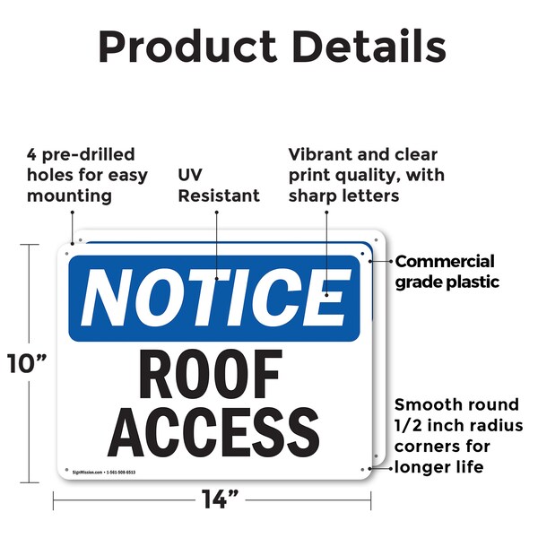 Signmission Roof Access OSHA Notice Sign, Plastic, 14in W x 10in L, 2PK - OS-2PACK-NS-P-1014-L-18121