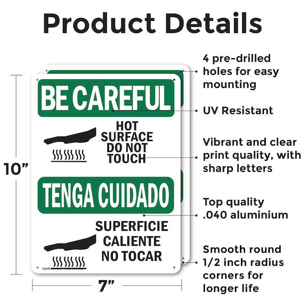 Signmission Hot Surface Sign, 10 in H x 7 in W, Aluminum, Hot Surface Do Not Touch Bilingual - OS-2PACK-BC-A-710-L-10029