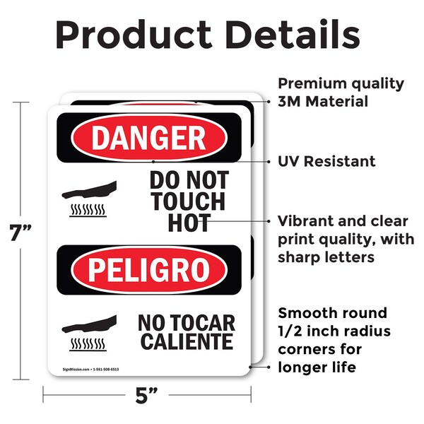 Signmission Hot Surface Sign, 7 in H x 5 in W, Vinyl Decal, Do Not Touch Hot Bilingual - OS-2PACK-DS-D-57-VS-1177