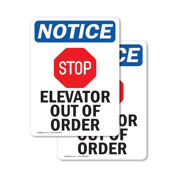 Signmission Elevator Out Of Order Sign With Symbol, 10 in W x Rectangle, Vinyl Decal - OS-2PACK-NS-D-1014-V-11737