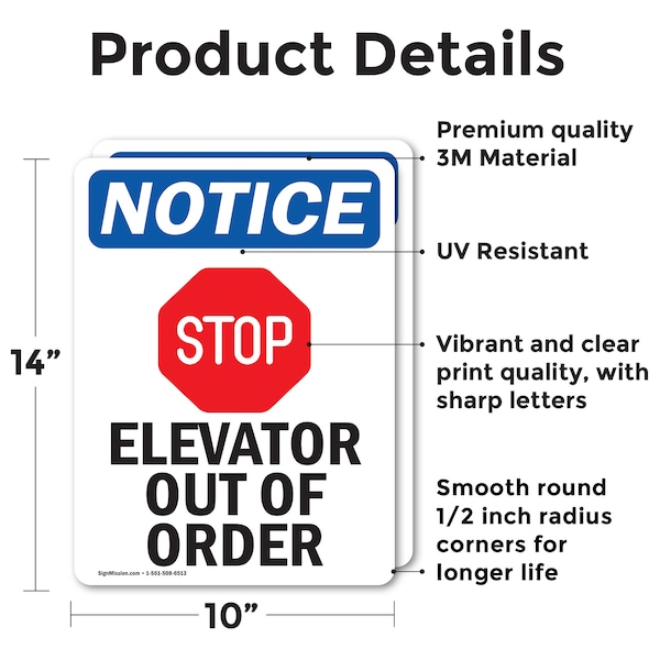 Signmission Elevator Out Of Order Sign With Symbol, 10 in W x Rectangle, Vinyl Decal - OS-2PACK-NS-D-1014-V-11737