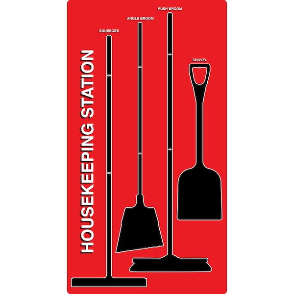 5S Supplies 5S Housekeeping Shadow Board Broom Station Version 6- Red Board / Black Shadows  With Broom - HSB-V6-RED-KIT