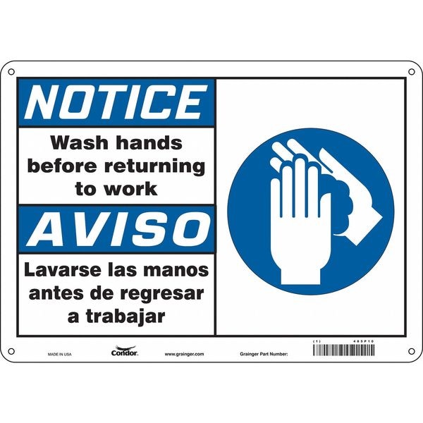 Condor Notice, WASH HANDS BEFORE RETURNING TO WORK, Spanish-Bilingual, 14 in W x 10 in H, 485P10 - 485P10