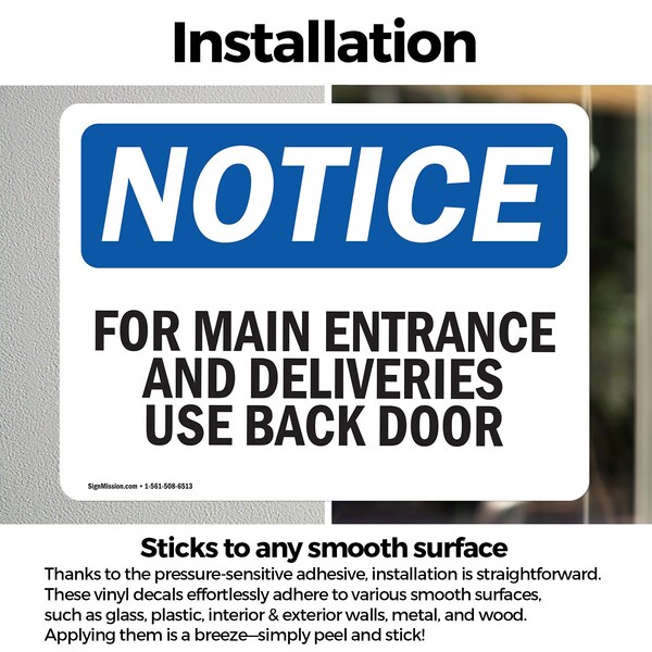Signmission For Main Entrance And Deliveries Use Back Door OSHA Notice Sign, Vinyl Decal, 14in W x 10in L, 2PK - OS-2PACK-NS-D-1014-L-12854