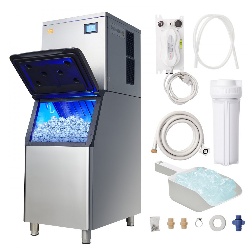 VEVOR Máquina para hacer hielo comercial, 550 libras/24 horas con depósito de almacenamiento grande de 330,7 libras, máquina para hacer hielo autolimpiante de 1000 W con pantalla LED de 3,5 pulgadas para negocios, bar, cafetería, restaurante - FTSZ330LBS2010BA9V1
