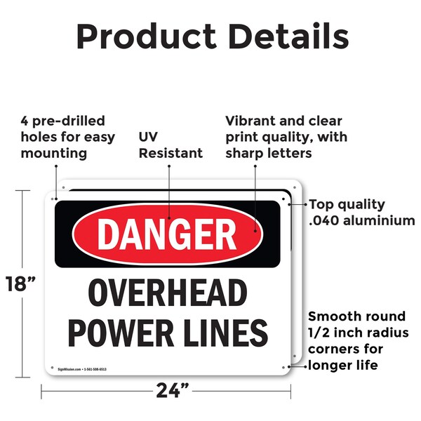 Signmission Overhead Power Lines Danger Sign, Aluminum, 24in W x 18in L, 2PK - OS-2PACK-DS-A-1824-L-1682