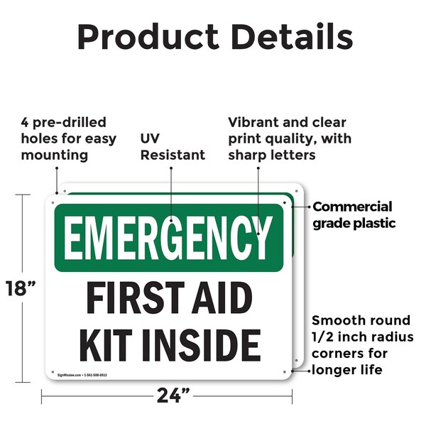 Signmission First Aid Kit Inside, 24 in W x Rectangle, Plastic - OS-2PACK-EM-P-1824-L-10371