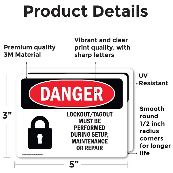 Signmission Lockout Tagout Setup Maintenance Repair Danger Sign, Vinyl Decal, 5in W x 3.5in L, 2PK - OS-2PACK-DS-D-35-L-1428