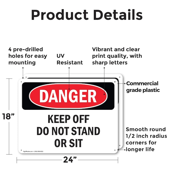 Signmission Keep Off Do Not Stand Or Sit, 24 in W x Rectangle, Plastic - OS-2PACK-DS-P-1824-L-2502