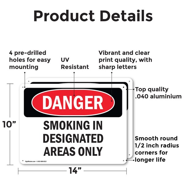 Signmission Smoking In Designated Areas Only, 14 in W x Rectangle, Aluminum - OS-2PACK-DS-A-1014-L-1574