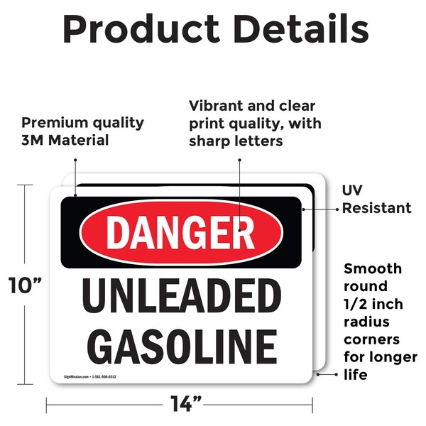 Signmission Unleaded Gasoline, 14 in W x Rectangle, Vinyl Decal - OS-2PACK-DS-D-1014-L-1281