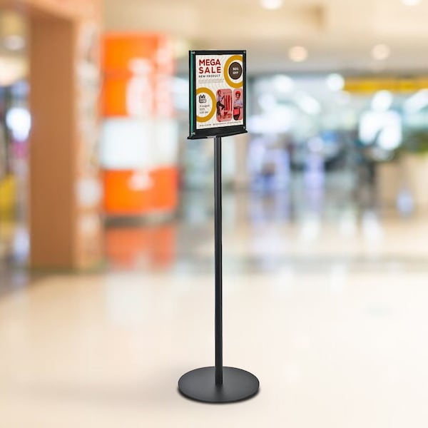 Azar Displays Double Sided Magnetic Sign Holder for Floor Portrait Black Frame on Freestanding Pedestal Base - 300355-BLK