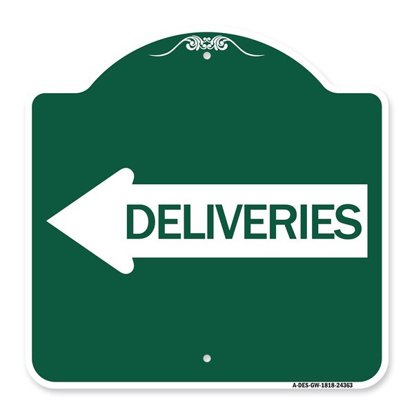 Signmission Designer Series Deliveries W/ Left Arrow, Green & White Aluminum Sign, 18" x 18", GW-1818-24363 - A-DES-GW-1818-24363