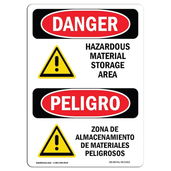 Signmission Safety Sign, OSHA Danger, 7" Height, Hazardous Material Storage Area Bilingual Spanish - OS-DS-D-57-VS-1313