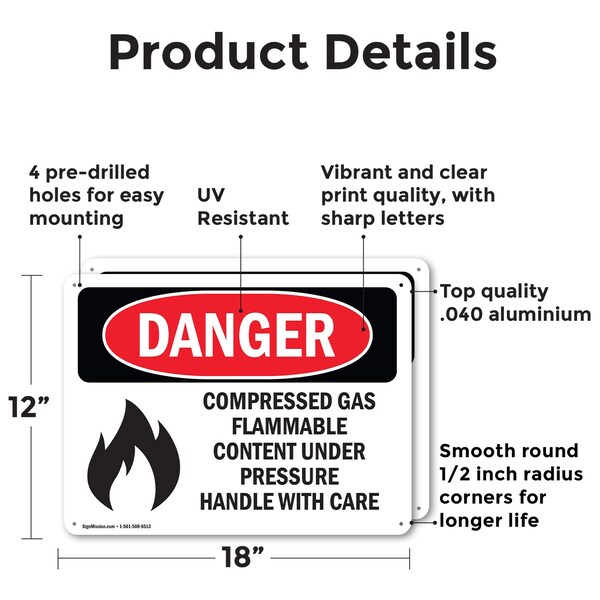 Signmission Compressed Gas Flammable Content Danger Sign, Aluminum, 18in W x 12in L, 2PK - OS-2PACK-DS-A-1218-L-1077