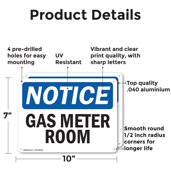 Signmission Gas Meter Room, 10 in W x Rectangle, Aluminum - OS-2PACK-NS-A-710-L-13012