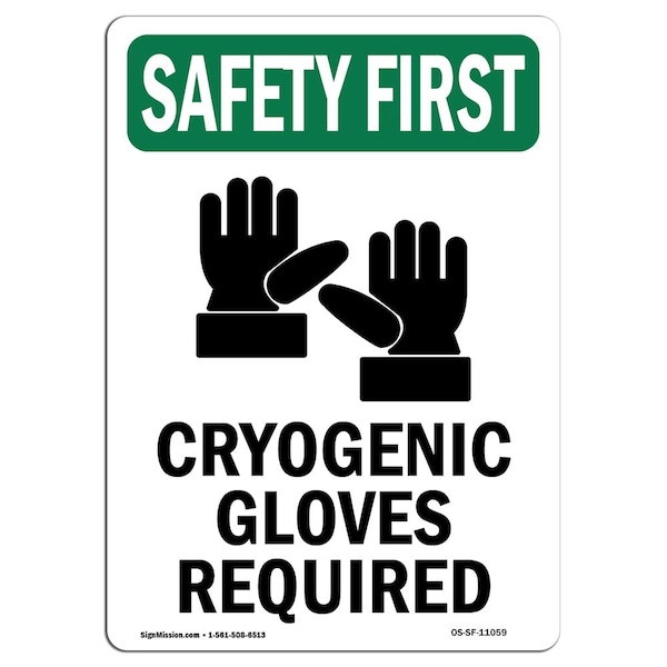 Signmission OSHA Sign, Cryogenic Gloves Required W/ Symbol, 14in X 10in Decal, 10" W, 14" H, Portrait - OS-SF-D-1014-V-11059