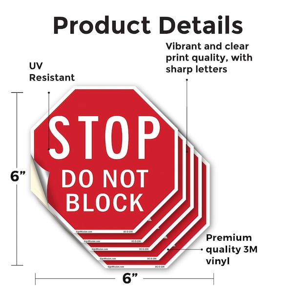 Signmission Stop Do Not Block, 6 inch X 6 inch, Vinyl Decal, 5PK - OC-D-5PACK-6-206