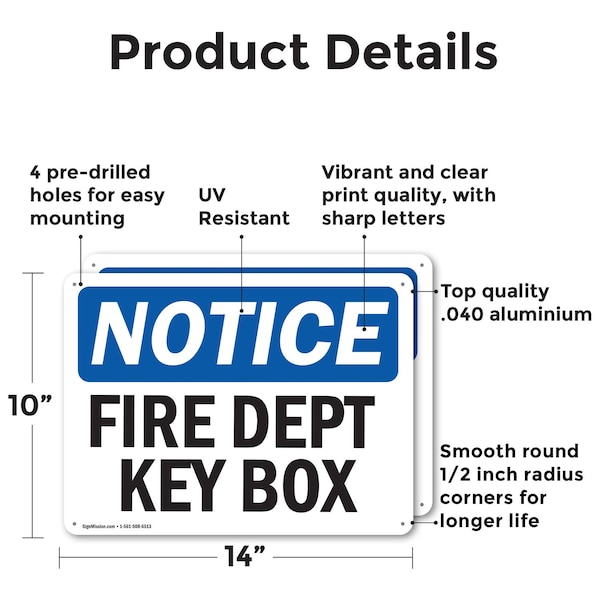 Signmission Fire Dept Key Box OSHA Notice Sign, Aluminum, 14in W x 10in L, 2PK - OS-2PACK-NS-A-1014-L-12569