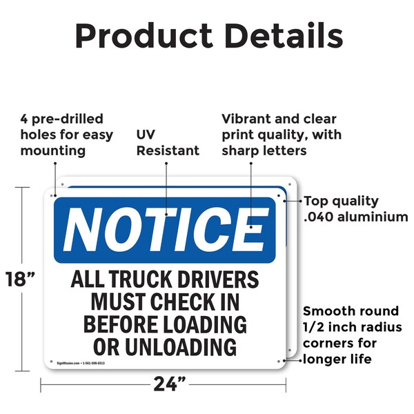 Signmission Truck Drivers Check In OSHA Notice Sign, Aluminum, 24in W x 18in L, 2PK - OS-2PACK-NS-A-1824-L-16758