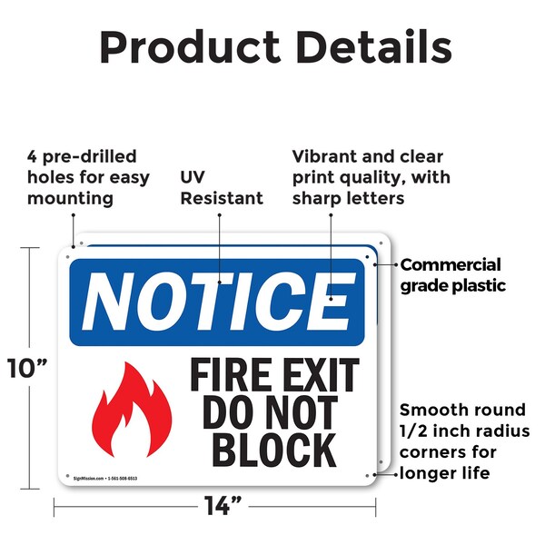 Signmission Fire Exit Do Not Block OSHA Notice Sign, Plastic, 14in W x 10in L, 2PK - OS-2PACK-NS-P-1014-L-12586