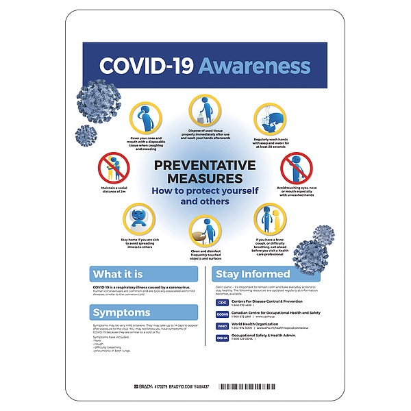 Brady COVID-19 Awareness Sign, 10" W x 14" H, English, Polystyrene, Blue, White - 170280