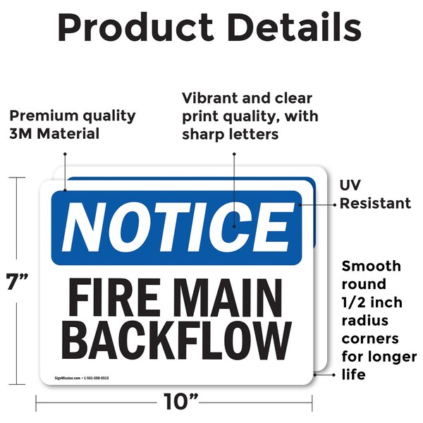 Signmission Fire Main Backflow OSHA Notice Sign, Vinyl Decal, 10in W x 7in L, 2PK - OS-2PACK-NS-D-710-L-12618
