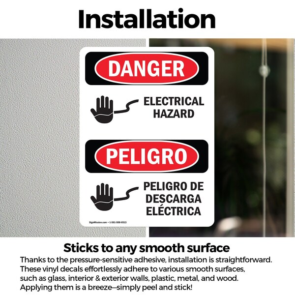 Signmission Electrical Hazard Bilingual Danger Sign, Vinyl Decal, 5in W x 7in L, 2PK - OS-2PACK-DS-D-57-VS-1196