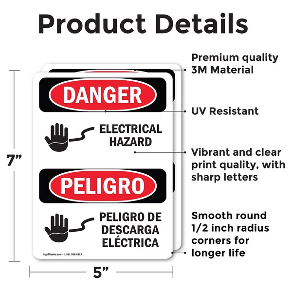Signmission Electrical Hazard Bilingual Danger Sign, Vinyl Decal, 5in W x 7in L, 2PK - OS-2PACK-DS-D-57-VS-1196