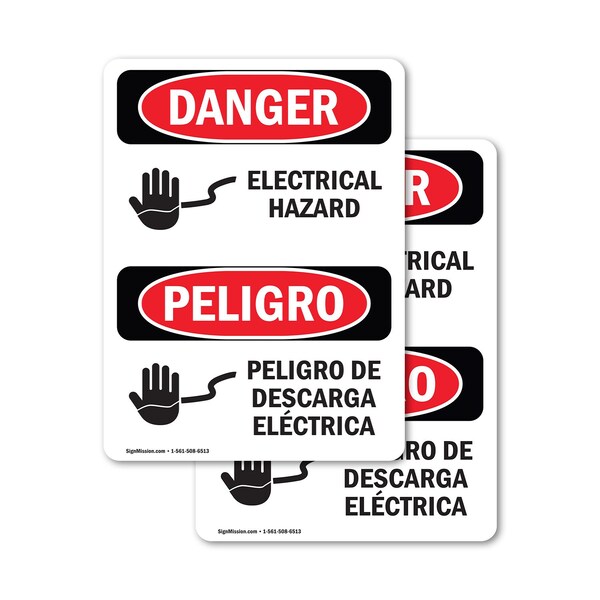 Signmission Electrical Hazard Bilingual Danger Sign, Vinyl Decal, 5in W x 7in L, 2PK - OS-2PACK-DS-D-57-VS-1196