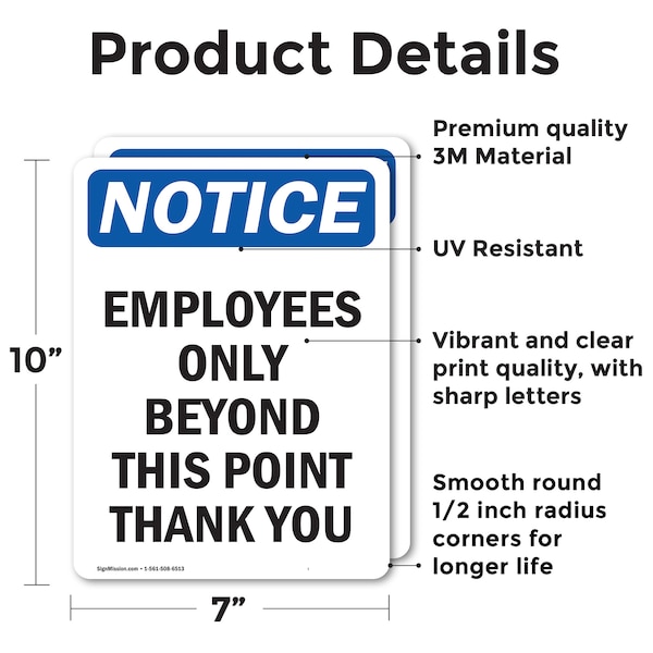 Signmission Employees Only Beyond This Point OSHA Notice Sign, Vinyl Decal, 7in W x 10in L, 2PK - OS-2PACK-NS-D-710-V-11988