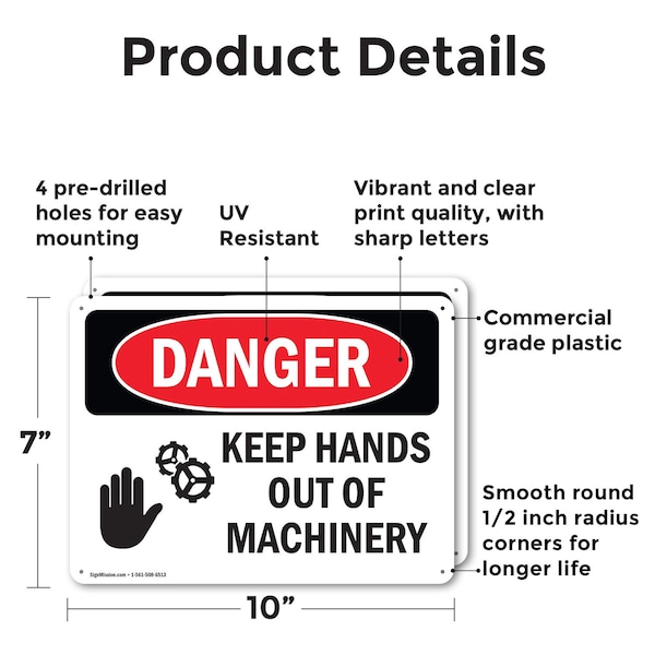 Signmission Keep Hands Out Of Machinery Danger Sign, Plastic, 10in W x 7in L, 2PK - OS-2PACK-DS-P-710-L-1394