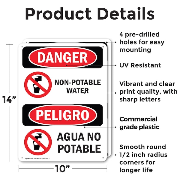 Signmission Non-Potable Water Bilingual, 10 in W x Rectangle, Plastic - OS-2PACK-DS-P-1014-VS-1499