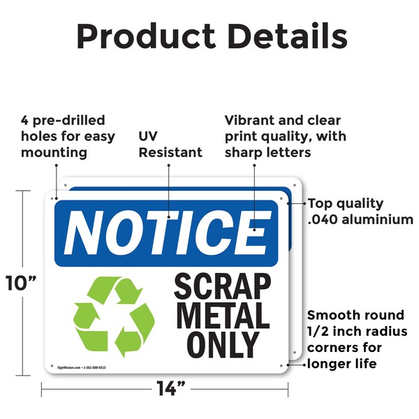 Signmission Scrap Metal Only, 14 in W x Rectangle, Aluminum - OS-2PACK-NS-A-1014-L-18255