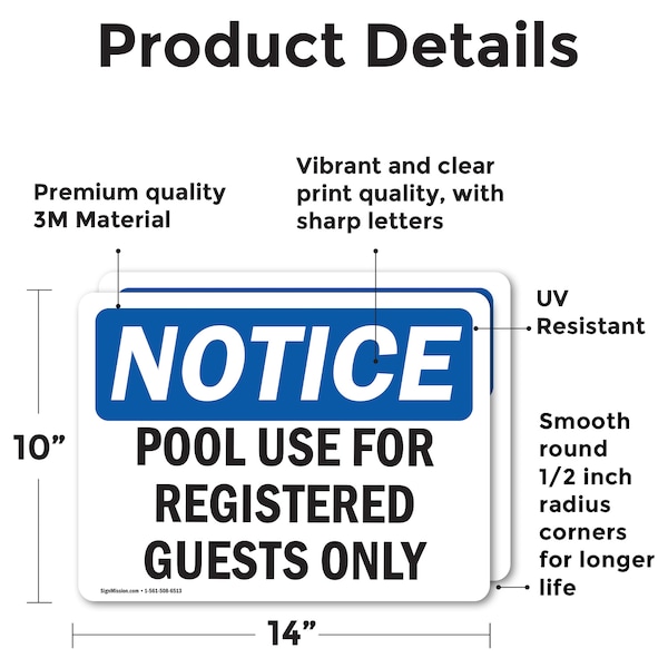 Signmission Pool Use For Registered Guests Only OSHA Notice Sign, Vinyl Decal, 14in W x 10in L, 2PK - OS-2PACK-NS-D-1014-L-17703