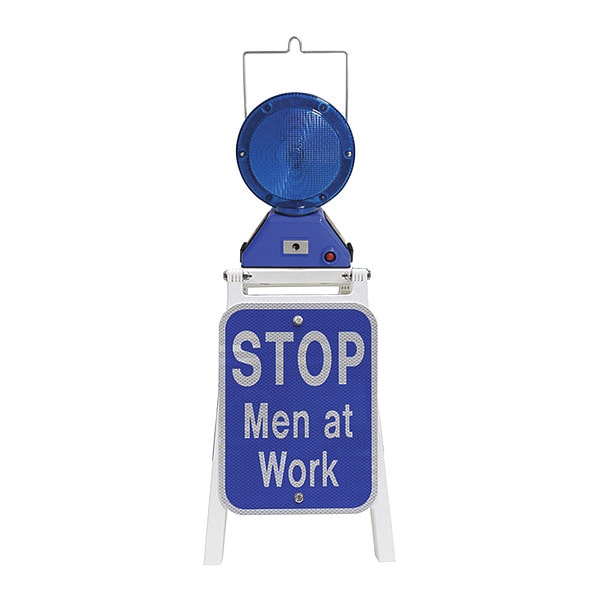 Railhead Gear LED Stop Sign, Stop Men at Work, White/Blue, 9 in W, 12 in H - PS-M900SB-S