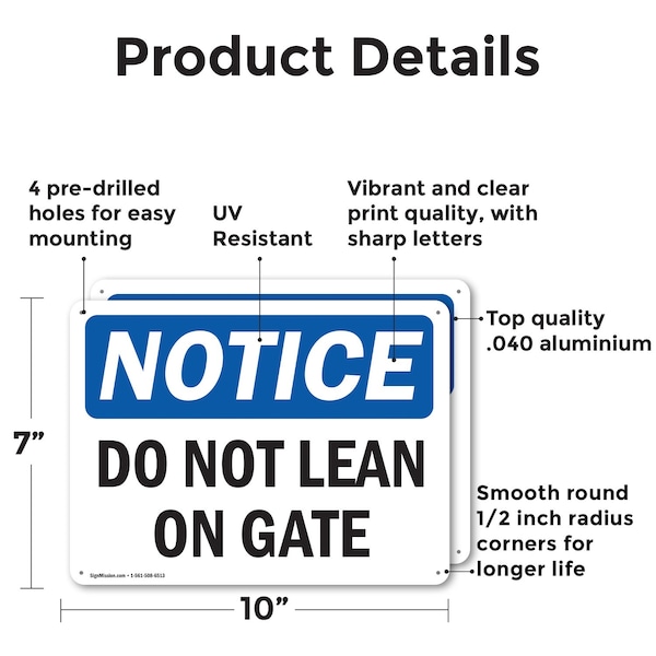 Signmission Do Not Lean On Gate, 10 in W x Rectangle, Aluminum - OS-2PACK-NS-A-710-L-11290