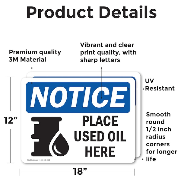 Signmission Place Used Oil Here, 18 in W x Rectangle, Vinyl Decal - OS-2PACK-NS-D-1218-L-16351