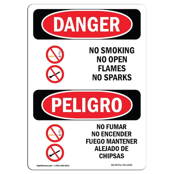 Signmission Safety Sign, OSHA Danger, 18" Height, Aluminum, No Smoking Open Flames Sparks Spanish - OS-DS-A-1218-VS-1492