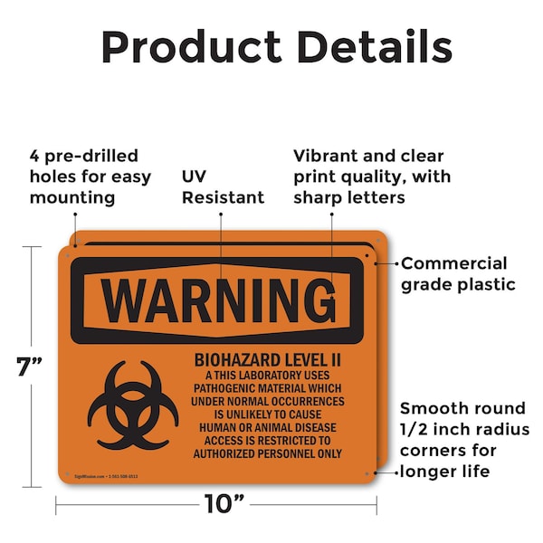 Signmission Biohazard Level II This Laboratory With Symbol OSHA Warning Sign, Plastic, 10in W x 7in L, 2PK - OS-2PACK-WS-P-710-L-11985