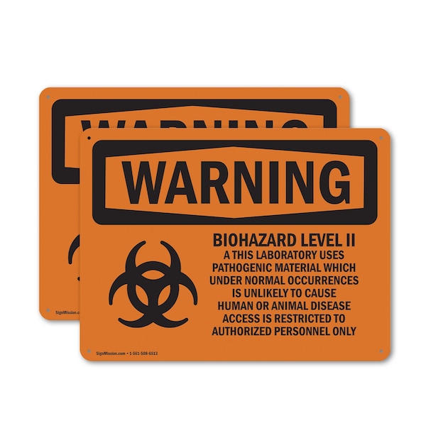 Signmission Biohazard Level II This Laboratory With Symbol OSHA Warning Sign, Plastic, 10in W x 7in L, 2PK - OS-2PACK-WS-P-710-L-11985