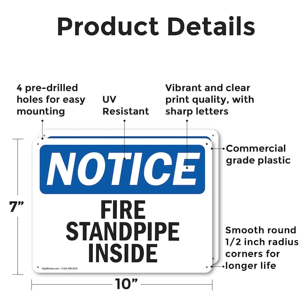 Signmission Fire Standpipe Inside OSHA Notice Sign, Plastic, 10in W x 7in L, 2PK - OS-2PACK-NS-P-710-L-12695