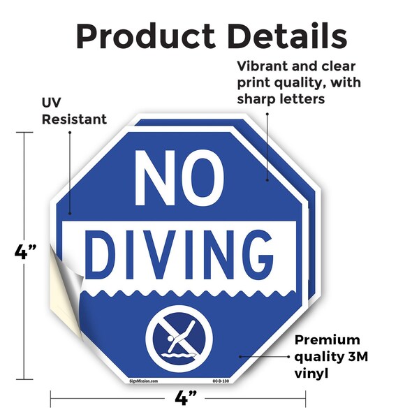 Signmission No Diving, 4 inch X 4 inch, Vinyl Decal, 2PK - OC-D-2PACK-4-130