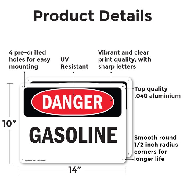 Signmission Gasoline Danger Sign, Aluminum, 14in W x 10in L, 2PK - OS-2PACK-DS-A-1014-L-2399