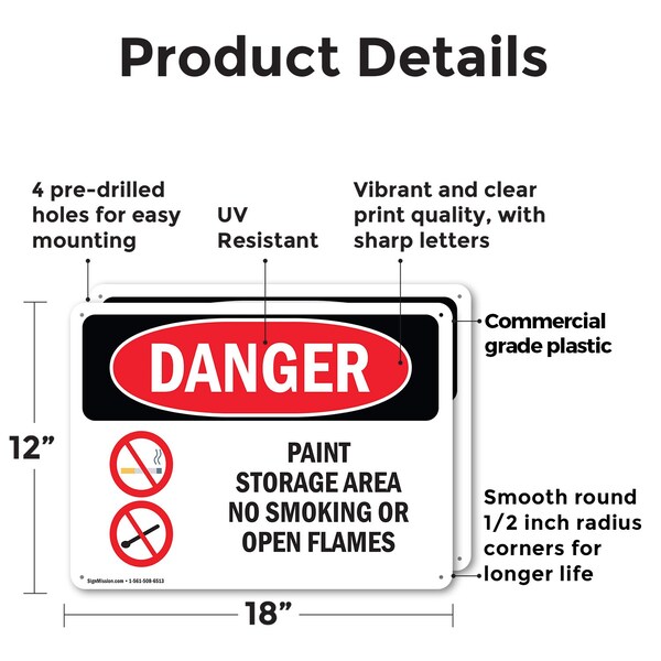 Signmission Paint Storage Area No Smoking Or Open Flames Danger Sign, Plastic, 18in W x 12in L, 2PK - OS-2PACK-DS-P-1218-L-1516
